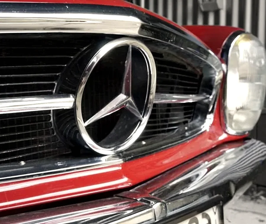 The three-pointed star on a classic Mercedes-Benz grille